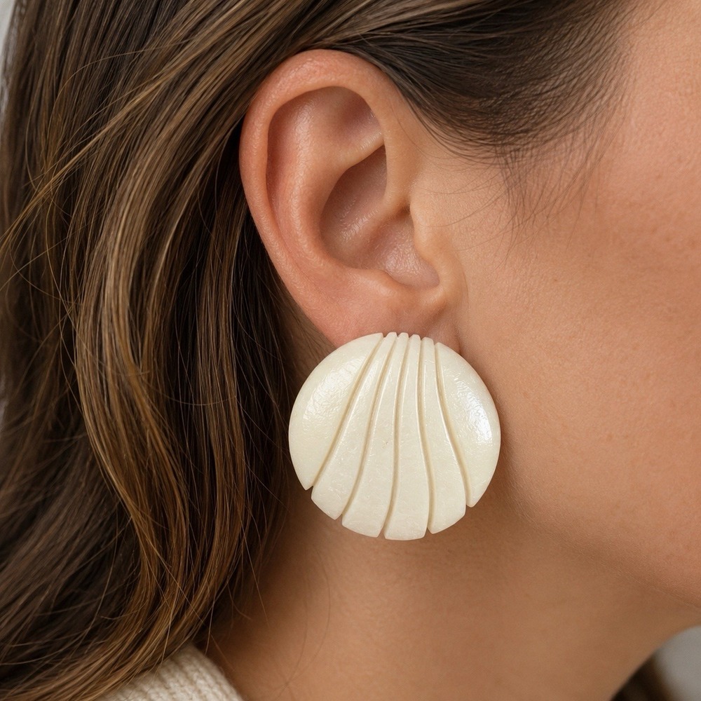 VTG Ivory Carved Lucite Shell Fan Disc Pierced Earrings NOS Coastal Statement